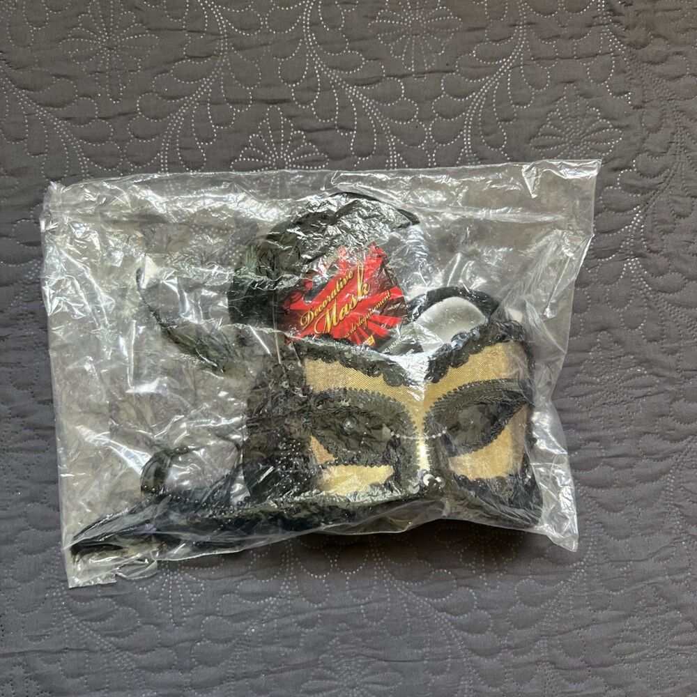 Mardi Gras Mask Blk. & Gold Harlequin Style Fabric Eye Mask With Feathers & Lace